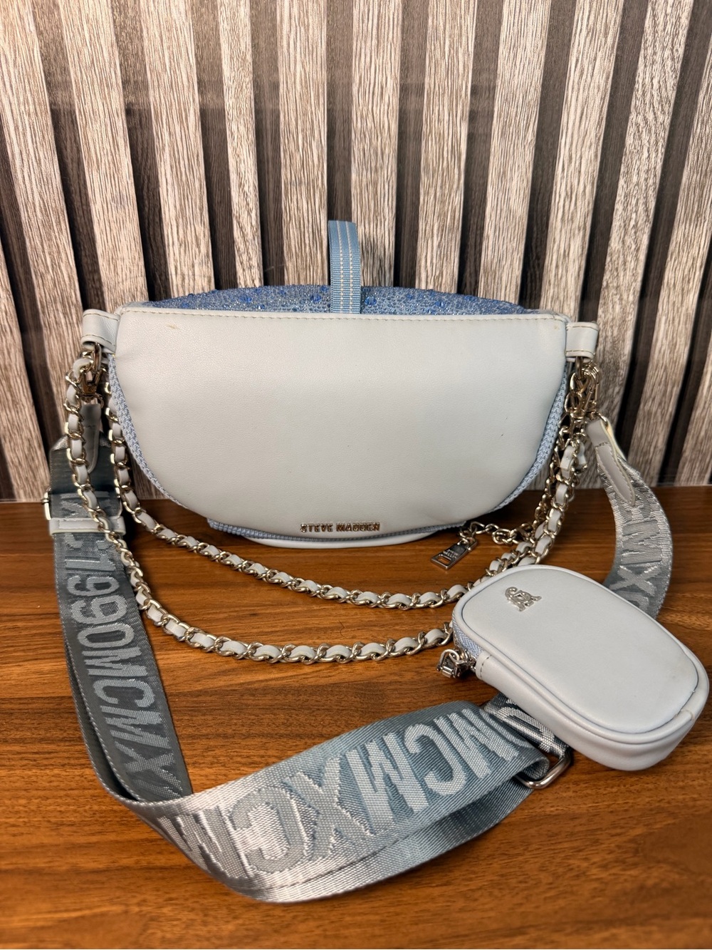Steve Madden Light Blue Embellished Crossbody Bag with Chain Detail - Picture 13 of 16